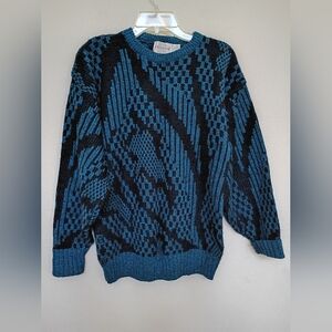 1980s New Era  Black and Teal Men Knit Crewneck Sweater Size Small